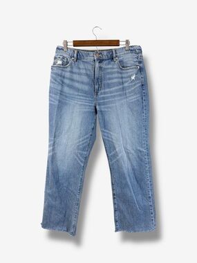 Loft The Straight Jeans Size 31/12P Medium Wash Frayed Hem Distressed Casual